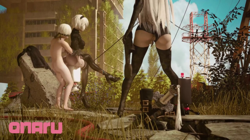 A2 touching herself watching 2B and 9S