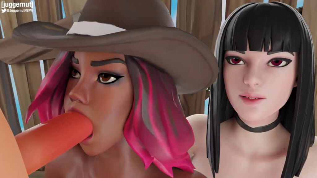 Charlotte watching Calamity giving a blowjob