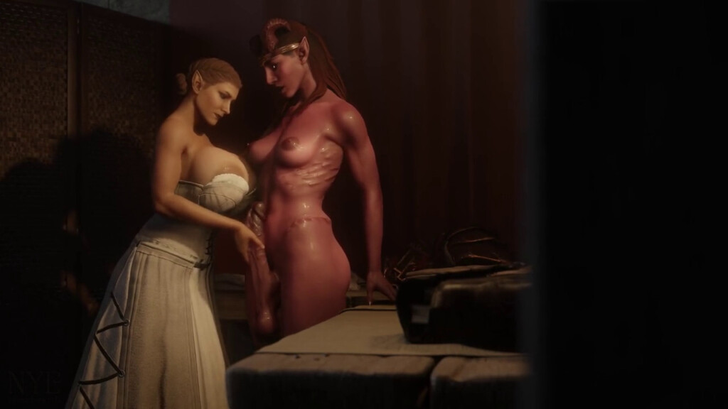 Elf giving Futa Demon a handjob
