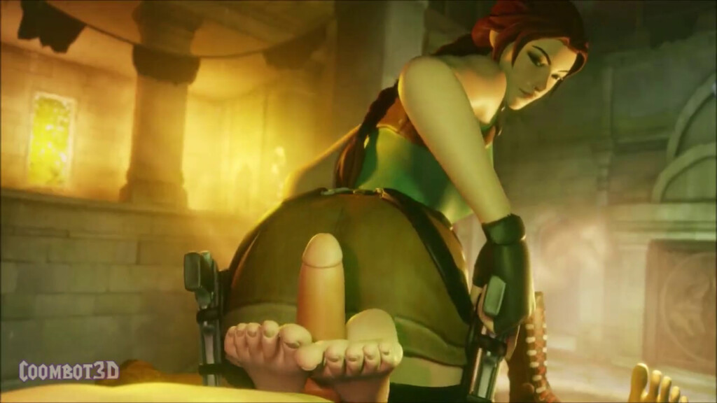 Lara Croft giving a footjob