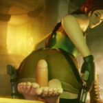 Lara Croft giving a footjob