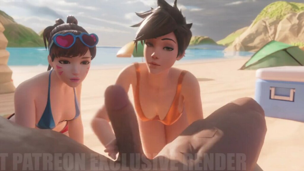 Tracer and D.va beach blowjob