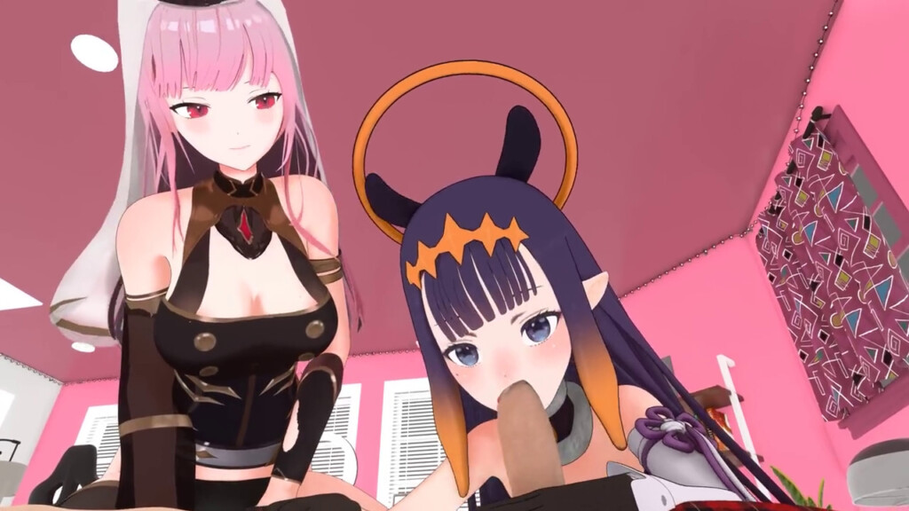 Mori Calliope giving Ina a hand in bj