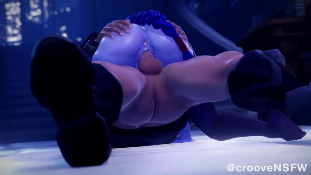 Back view of Widowmaker cowgirl creampie