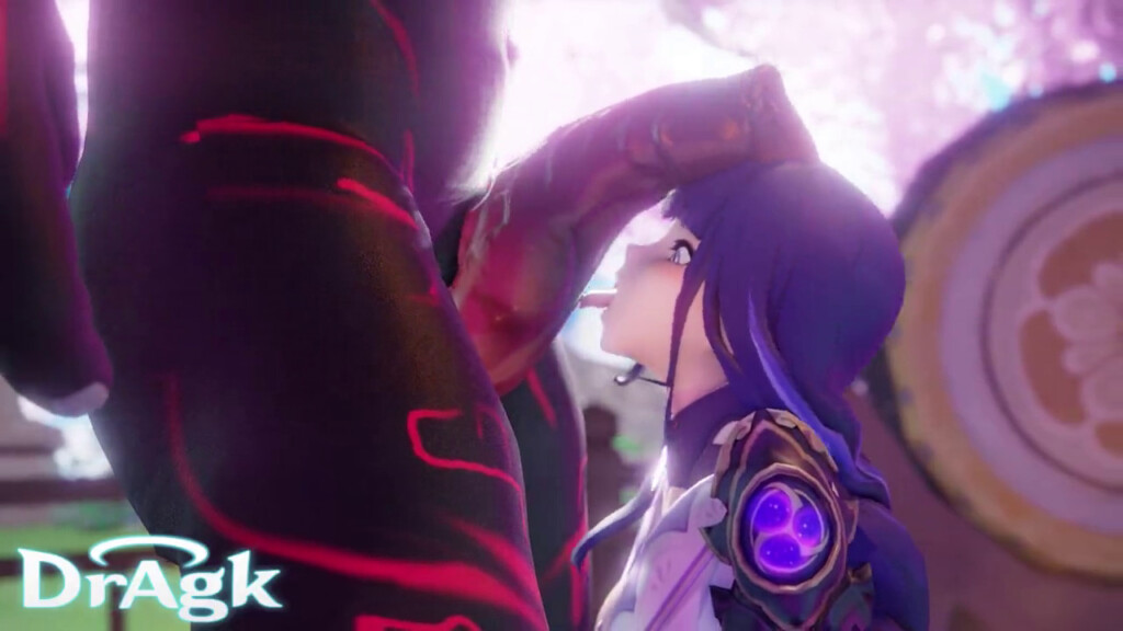 Raiden Shogun on her knee licking mitachurl