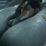 Claire Redfield head locked by Mr.X