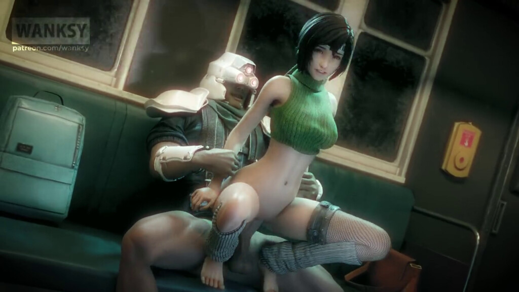 Yuffie reverse riding a soldier on the train