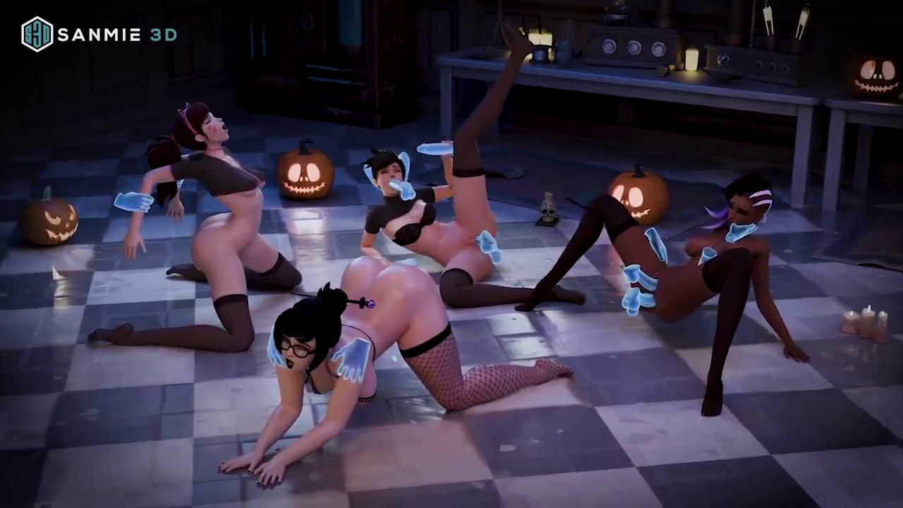 D.va, Tracer, Mei and Sombra in a haunted mansion