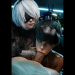 Yorha 2B guiding Eve in fellatio