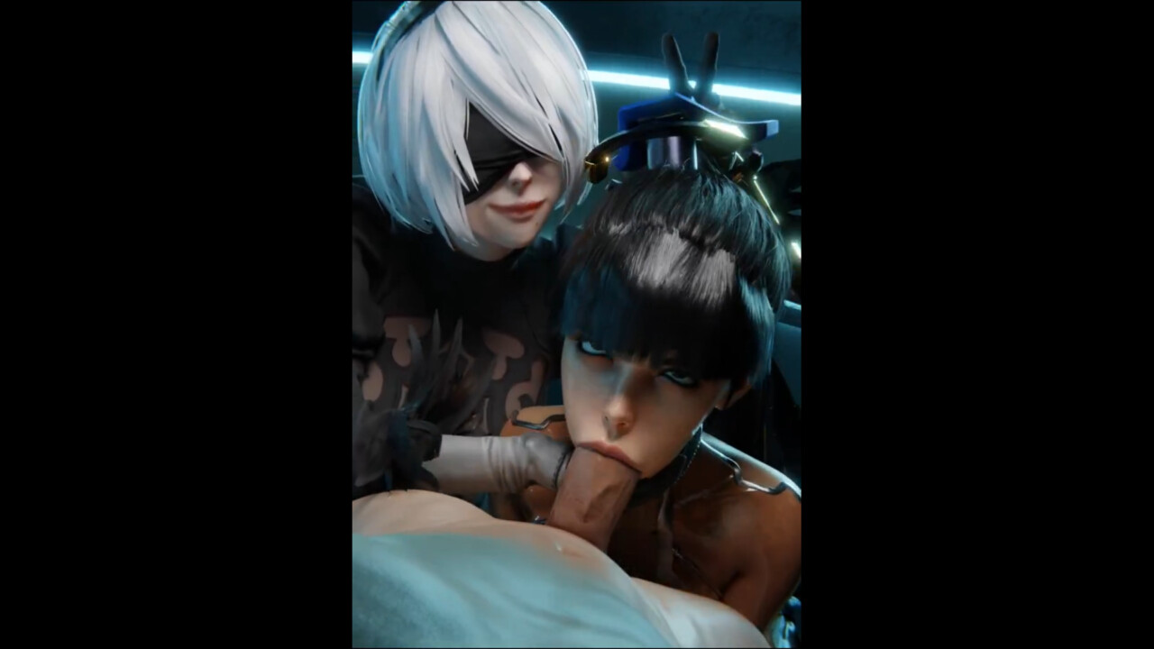 Yorha 2B guiding Eve in fellatio