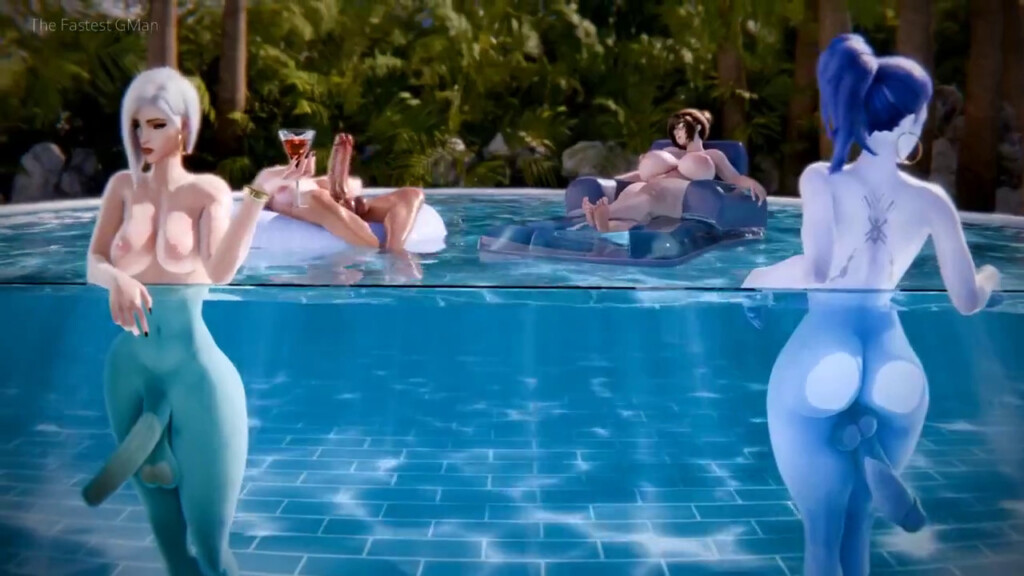 Mei, Futa Ashe, Widowmaker and Brigitte chilling in the pool
