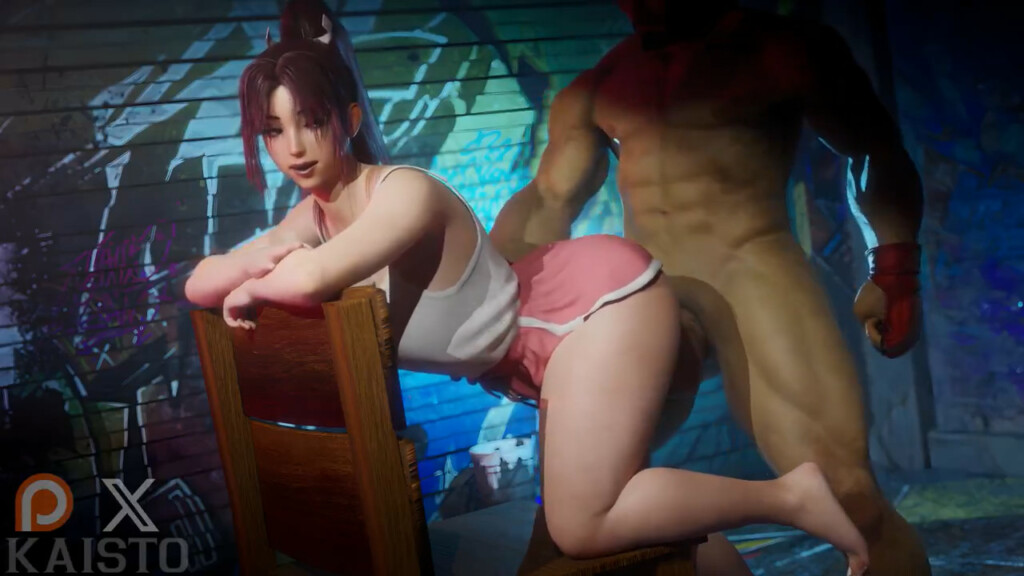 Mai Shiranui on chair and cumming