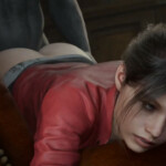 Claire Redfield taking backshot from Mr X