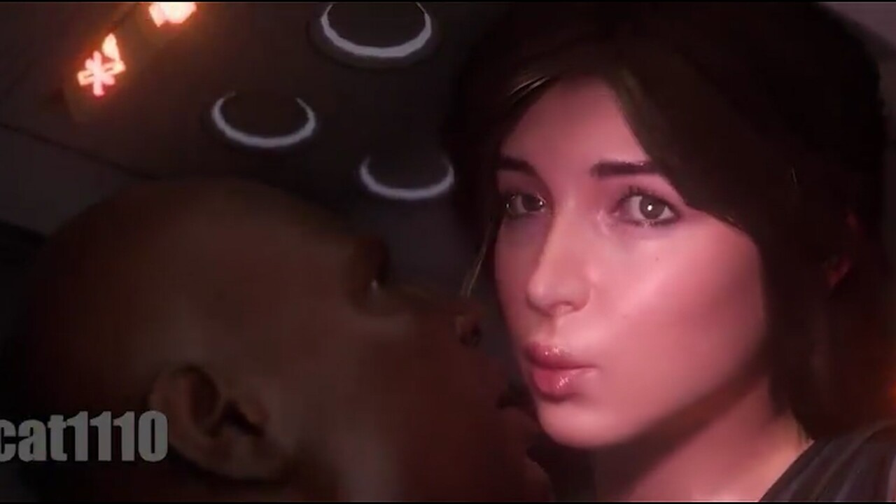 Lara Croft riding hard in the plane