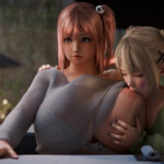 Marie sucking Honoka tits in public