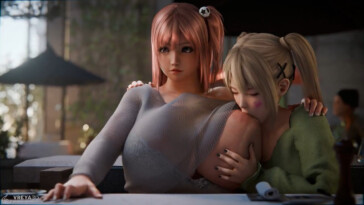 Marie sucking Honoka tits in public